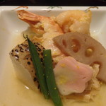 嵯峨沢館 - 焚合せ　海老黄味煮　湯葉含め煮　長芋香米煮