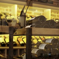 ヴェーナ - 約500本のストックがカウンター背面のガラス張りのセラーに潜む