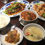 陳麻婆豆腐 - 回鍋肉、海老チリ、麻婆豆腐と、ご飯、スープ、搾菜