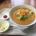 Himawari - 2017年3月。野菜たっぷり辛みそラーメン380円。小皿の辛みそに超々ミニサラダ付きです。