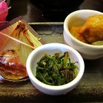 茶寮 さいばし - ダチョウと菜っ葉の和え物、大豆タンパクの揚物