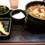 ゆで太郎 - 朝そば（おろし）　温そば、かき揚げ→わかめに変更 330円 + 海老天（無料クーポン利用）