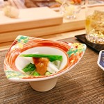 鮨ひがし山 - ▲本日の小鉢:春の野菜と魚介の味噌和え