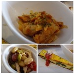 ITARO - ＊上：サーモンのお料理。サーモンをメイプルシロップに漬け、他の具材と混ぜてあるのですが、これ美味しい。＊左下数種類の豆とお野菜を併せた品。薄味でサッパリした味わい。 ＊右下：オムレツ。