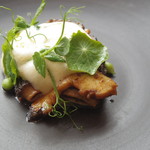 エスキス - さざえとモリーユ茸とスナックエンドウ、サバイヨンソース添え