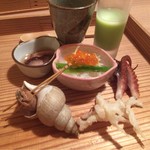 いまゐ - バイ貝、白魚の天ぷら、イイダコ、ちらし寿司、なまこ酢、グリーンピース二種