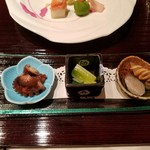 創作料理と天ぷら 秋月 - イイダコ、うるいのお浸し、新牛蒡ピーナッツ和え