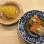 日本橋蛎殻町 すぎた - 数の子 味噌漬け
      あん肝 新政貴醸酒と共に