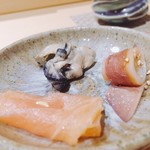 鮨 はしもと - 2017.2.  牡蠣の味噌漬け 子持ち槍烏賊 マカジキの生ハム