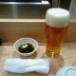 tsukidikagurasushi - 生ビール：430円、お通し：320円