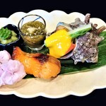 祇園もりわき - 『焼マスの西京焼き』『サザエの黄身酢かけ』『もずく酢』『筍の木の芽和え』～!! 特に 西京味噌があまうまの『焼マスの西京焼き』コリコリして弾力ある食感の『サザエ』の黄身酢かけが美味しかったどすえぇ～♪( ^o^)ﾉ