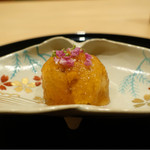 まき村 - 先付：雲丹と山芋、出汁のジュレがけ