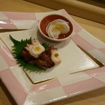 鮨 大門 - 煮タコ2種のゆず胡椒、生タコと醤油漬け卵