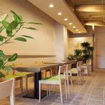 にの - 白と緑を基調とした店内は癒しの空間。夜はテーブルごとにキャンドルが灯ります。
