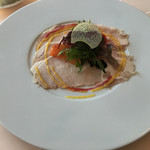 ル・ジャルダン - 前菜、豚ロースのハム、ハムでなく、豚ロースに野菜の感じ、オレンジとマッチ