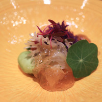 祇園 にし - 先付　飯蛸黄身酢　空豆クリームチーズ射込　菜花