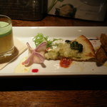 マザーエスタ - ニンジンのムースと大根チーズ包み、ピッツァ、牛蒡のフリット