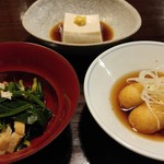 亀の井別荘 - お浸し・落花生豆腐・大根餅