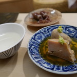 日本橋蛎殻町 すぎた - あん肝とホタルイカの味噌漬け、新政の火の鳥