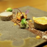 RESTAURANT hidamarino - フォアグラのテリーヌ、キンカンコンフォート マンゴーソースとココアのパウダー