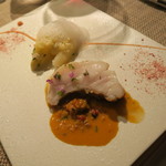 eclat - 29年4月　ハタのポアレ　ピンクペッパー、甲殻類ソース