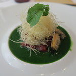 プレヴナンス - 29年4月　馬肉タルタル　天然クレソンピュレ、浅利出汁、世田谷烏骨鶏卵