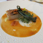 プレヴナンス - 29年4月　五島列島天然鮃　桜海老ソース・フリット、蕪ピュレ、蕗の薹