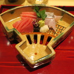 銀座 しのはら - お造り1：太刀魚 鮪 酢橘塩と醤油で1