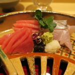 銀座 しのはら - お造り1：太刀魚 鮪 酢橘塩と醤油で2