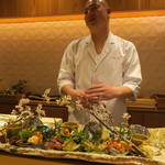 銀座 しのはら - 八寸：稚鮎 蛍烏賊の燻製炙り 蕗の薹の天ぷら 筍の白和え 飯蛸、トリュフの香り 庄内麩のチーズ挟み 鯛の子 鮒寿司1