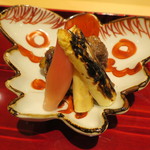 銀座 しのはら - 鴨葱風すっぽんの串焼きと白アスパラ焼き