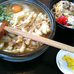 鳴門うどん  - ごぼ天月見　牛丼セット