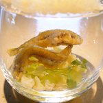 クラフタル - ランチコース 8316円 のワカサギのフリットのグラス封じ 雪に見立てたカリフラワームース覆い