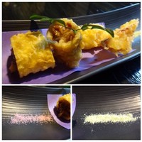 料理屋takanabe - すき焼きの春巻きと合馬の筍の天ぷら。桜塩と抹茶塩添え。