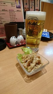 Gansobibaiyakitorifukuyoshi - 晩酌セットのビールとひな皮ポン酢