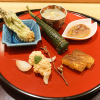 日本料理 太月 - 前菜（車海老ちまき、ホタルイカ沖漬け、タラノメ天ぷら、鯛子、根芋）
