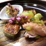 味 ふくしま - 蕗の薹味噌・八幡巻・一寸豆・イイダコと山葵菜のジュレ掛け・胡麻麩・鯛の胡瓜巻