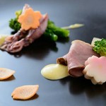 h Kyo gastronomy KOZO - 2017年4月　先 付【ホタルイカと菜の花の酢味噌　京鴨ロースと山うど 辛子ソースで】