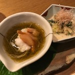 Shunyasai Waryouri Ishii - 赤貝ともずく酢と山菜の胡麻和え。前菜から非常に上質です。