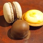 フレンチ サクラ - ディナーコース 7371円 のマカロン、チーズタルト、パッションフルーツのショコラ