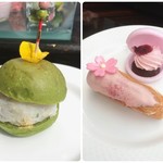バー＆ラウンジ  トゥエンティエイト - 左)白身魚のブランタード ほうれん草ロールサンド
      右)桜エクレア