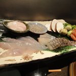 くすのき - ２０１１年１月。ふぐのコースで出てきた天ぷらの種！ふぐ、白子、白魚、マナガツオ、サイマキ、椎茸、ふきのとう、菜の花、自家製からすみ