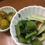 佐野屋 - わさび菜のおひたしと子茄子の辛子漬け