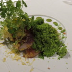 Vel  ROsier - 1704_Vel ROsier_前菜③ 鰹 いくら アスパラ ベーコン レタス パルミジャーノ_レタスのシャーベットが綺麗な緑の雪化粧