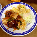 龍華 - Aランチ 改め Aセット(¥880)
      大海老天ぷら・肉団子甘酢・えび玉というのが基本形。大海老→小海老or鶏唐揚げ、肉団子→酢豚に変更が可能。大海老がもう一、二個多ければ言うことなしなのだが…。