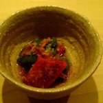 蓮 - 青万願寺唐辛子、赤万願寺唐辛子の揚げ浸し、かきたての鰹節を乗せて