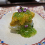 日本料理 晴山 - 29年4月　アオリイカ、雲丹、ウルイジュレ