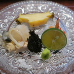 日本料理 晴山 - 29年4月　造り　鮑、車海老、オコゼブツ　塩、山葵、ちり酢