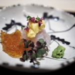 赤坂 互閃 - 千葉竹岡産真鯛　土佐酢ジュレ　鮒寿司の飯（いい）と卵黄のピュレ