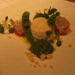 白アスパラガスのパンナコッタ　海老と季節の野菜添え